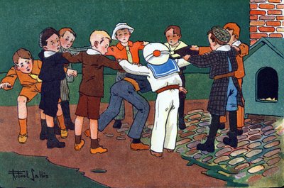ネコとネズミ。"What are we playing? "のエングレーヴィング。"ロベール・サレス（1871-1929）の水彩画によるE.ウェーバーの作品。パリ、ガルニエ・フレール出版社 作： Robert Salles
