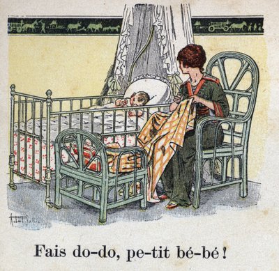 子どもの本「I will read - パパによる方法的で楽しいアルファベット」1926年。ロベール・サレス（1871-1929）のイラスト。"Sleep, baby baby!".子供部屋で赤ちゃんが寝るのを待って縫い物をする母親。 作： Robert Salles
