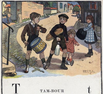 子どもの本「I will read - パパによる方法的で楽しいアルファベット」1926年。挿絵はRobert Salles（1871-1929）。アベセダリー：Tの文字をドラムに見立てたもの。 作： Robert Salles