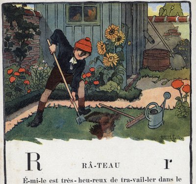子どもの本「I will read - パパによる方法的で楽しいアルファベット」1926年。挿絵はRobert Salles（1871-1929）。Abecedaire：Rの文字はRake（熊手）。少年の家の庭での出来事。 作： Robert Salles