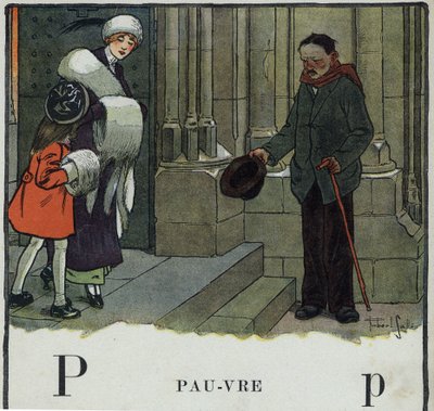 子どもの本「I will read - パパによる方法的で楽しいアルファベット」1926年。挿絵はRobert Salles（1871-1929）。アベセデール：Pの文字はPoor。乞食が教会の外で袖を通す。 作： Robert Salles
