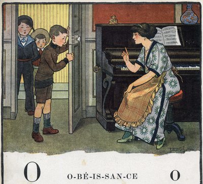 子どもの本「I will read - パパによる方法的で楽しいアルファベット」1926年。挿絵はRobert Salles（1871-1929）。Abecedary：Oの文字はObedience（服従）。母親が息子たちを叱る。 作： Robert Salles
