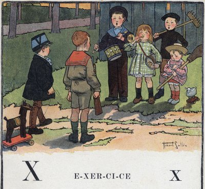 子どもの本「I will read - パパによる方法的で楽しいアルファベット」1926年。挿絵はRobert Salles（1871-1929）。アベセダリー：エクササイズとしてのXの文字。子どもたちは軍隊ごっこをしています。 作： Robert Salles