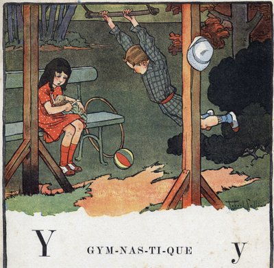 子どもの本「I will read - パパによる方法的で楽しいアルファベット」1926年。挿絵はRobert Salles（1871-1929）。アベセダリー：体操としてのYの文字。男の子が空中ブランコをしている間に、女の子が人形遊びをしている。 作： Robert Salles
