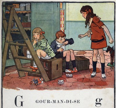 子どもの本「I will read - パパによる方法的で楽しいアルファベット」1926年。挿絵はロベール・サレス（1871-1929）。アベセダリー：Gの文字はGourmandise。砂糖漬けの果物をこっそり食べる女の子と男の子。 作： Robert Salles