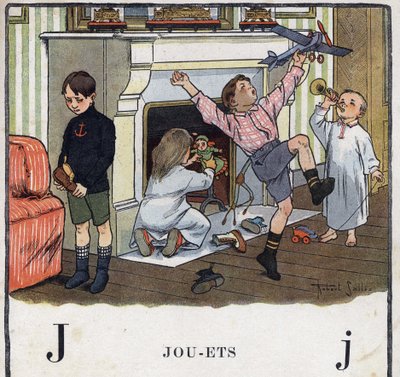 子どもの本「I will read - パパによる方法的で楽しいアルファベット」1926年。ロベール・サレス（1871-1929）によるイラスト。アベセデール：おもちゃとしてのJの文字。子どもたちは靴の中におもちゃをもらってきて、それを使って楽しんでいます。一人の子供は、ハイでプレゼントをもらえなかった。 作： Robert Salles