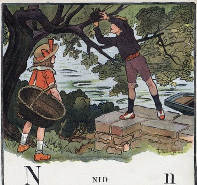 子どもの本「I will read - パパによる方法的で楽しいアルファベット」1926年。挿絵はRobert Salles（1871-1929）。アベセダリー：NestとしてのNの文字。木の上に作られた巣を少年が取る。 作： Robert Salles