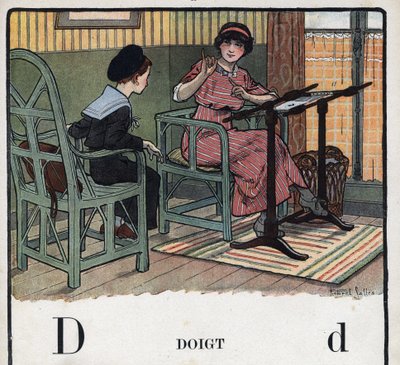 子どもの本「I will read - パパによる方法的で楽しいアルファベット」1926年。ロベール・サレス（1871-1929）のイラスト。アベセダリー：フィンガーとしてのDの文字。母親が息子に刺繍の説明をしている。 作： Robert Salles