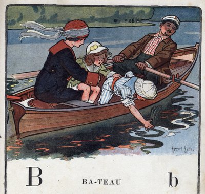 子どもの本「I will read - パパによる方法的で楽しいアルファベット」1926年。ロベール・サレス（1871-1929）のイラスト。アベセデール：Bの文字はボート。ボートに乗った家族が散歩をしています。 作： Robert Salles