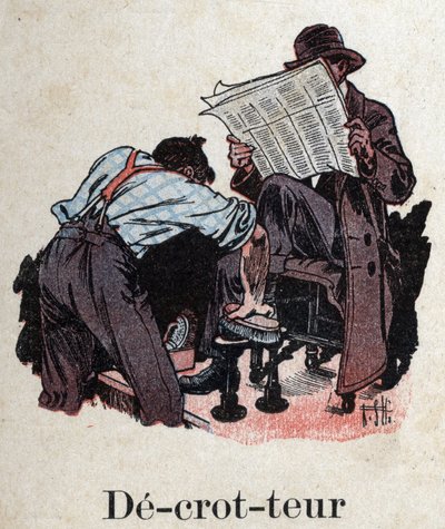子どもの本「I will read - パパによる方法的で楽しいアルファベット」1926年。ロベール・サレス（1871-1929）のイラスト。"Decrotteur": 靴磨きが新聞を読むお客さんの靴をきれいにする。 作： Robert Salles