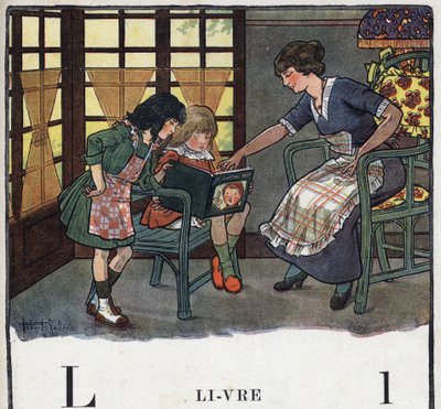 子どもの本「I will read - パパによる方法的で楽しいアルファベット」1926年。挿絵はRobert Salles（1871-1929）。アベセダリー：Lの文字がBookに。母親が娘に読み方を教えている。 作： Robert Salles