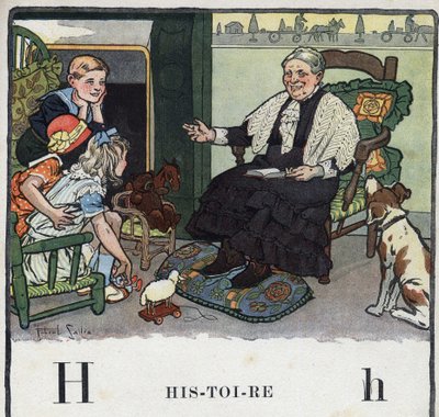 子どもの本「I will read - パパによる方法的で楽しいアルファベット」1926年。挿絵はロベール・サレス（1871-1929）。アベセデール：歴史としてのHの文字。暖炉のそばで孫たちに物語を語るおばあちゃん。 作： Robert Salles
