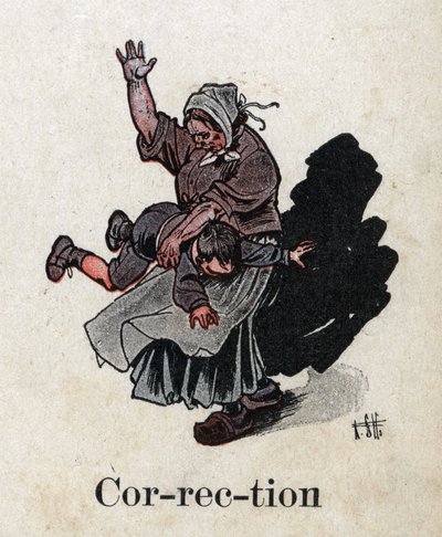 子どもの本「I will read - パパによる方法的で楽しいアルファベット」1926年。ロベール・サレス（1871-1929）によるイラスト。"Correction"（矯正）。罰：母親が子供を罰するために広げる 作： Robert Salles