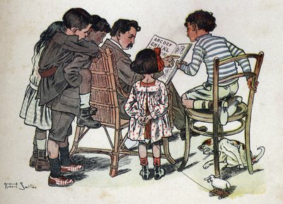 子どもの本「I will read - パパによる方法的で楽しいアルファベット」1926年。Robert Salles（1871-1929）のイラスト。ある家庭の父親が子どもたちに読み方を教えている。 作： Robert Salles