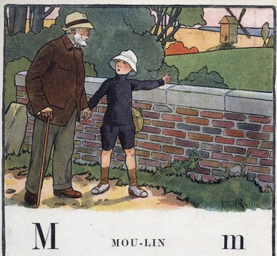 子どもの本「I will read - パパによる方法的で楽しいアルファベット」1926年。ロベール・サレス（1871-1929）のイラスト。アベセデール：Mの文字がMoulinになっている。男の子がおじいさんと一緒に歩いている。彼は風車を指差している。 作： Robert Salles