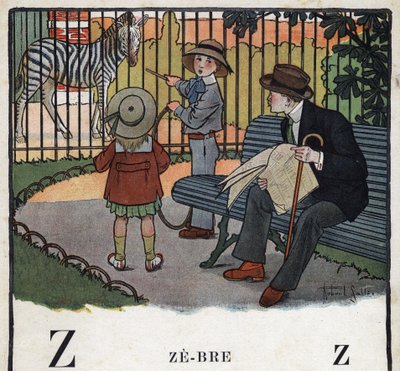 子どもの本「I will read - パパによる方法的で楽しいアルファベット」1926年。挿絵はRobert Salles（1871-1929）。アベセデール：Zの文字がゼブルになっています。子供たちはフープを持って、動物園のシマウマを見ています。 作： Robert Salles