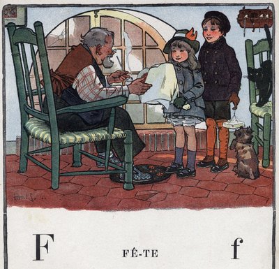 子どもの本「I will read - パパによる方法的で楽しいアルファベット」1926年。ロベール・サレス（1871-1929）のイラスト。アベセデール：Fの字はFete（祭り）。女の子と男の子が、おじいさんのパーティーにプレゼントを差し出す。 作： Robert Salles