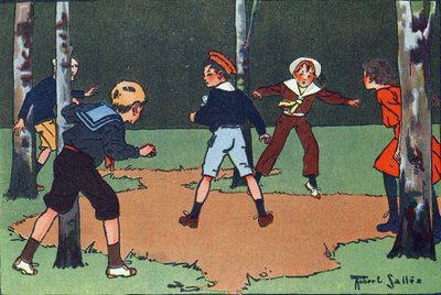四隅。エングレーヴィングは "What are we playing?「ロベール・サレス（1871-1929）の水彩画によるE.ウェーバーの作品。パリ、ガルニエ・フレール出版社 作： Robert Salles
