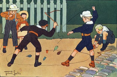 蹄（ムチを使うトップゲーム）。E.ウェーバーによる「What are we playing?「ロベール・サレス（1871-1929）の水彩画によるE.ウェーバーの作品。パリ、ガルニエ・フレール社（Librairie Garnier Freres）所蔵 作： Robert Salles