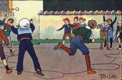 キャンプでのボール（または囚人のボール、ハンターのボール）。E.ウェーバーの「What are we playing?"ロベール・サレス（1871-1929）の水彩画によるE.ウェーバーの作品。パリ、ガルニエ・フレール社（Librairie Garnier Freres）所蔵 作： Robert Salles
