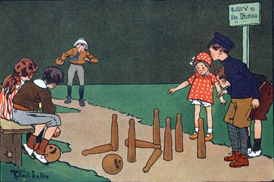 ボウリング場の様子。E.ウェーバーの「何をしているの？「ロベール・サレス（1871-1929）の水彩画によるE.ウェーバーの作品。パリ、ガルニエ・フレール社 作： Robert Salles