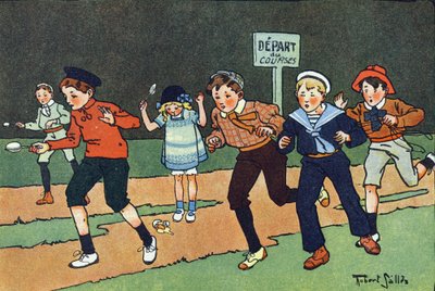 エッグレースです。E.ウェーバーの「What are we playing?「ロベール・サレス（1871-1929）の水彩画によるE.ウェーバーの作品。パリ、ガルニエ・フレール社 作： Robert Salles
