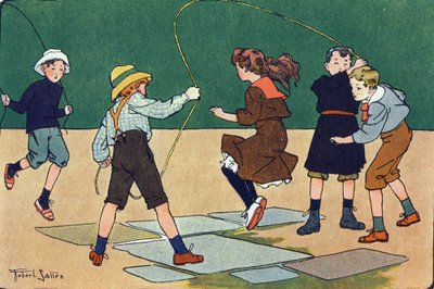 ジャンプはロープを持っています。E.ウェーバーの「What are we playing?「ロベール・サレス（1871-1929）の水彩画によるE.ウェーバーの作品。パリ、ガルニエ・フレール社 作： Robert Salles