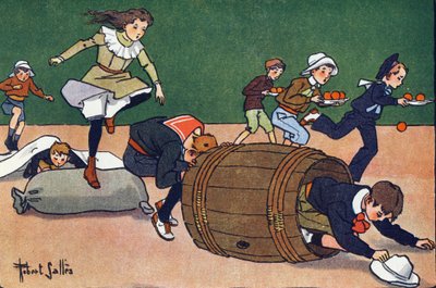 障害物競走の様子。E.ウェーバーの「What are we playing?「ロベール・サレス（1871-1929）の水彩画によるE.ウェーバーの作品。パリ、ガルニエ・フレール社 作： Robert Salles