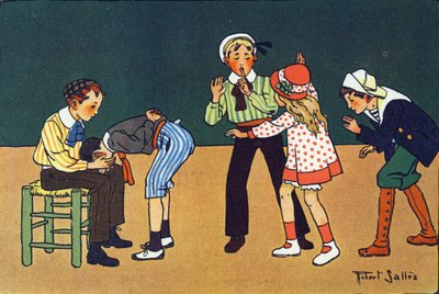 温かい手。E.ウェーバーによる「What are we playing?「ロベール・サレス（1871-1929）の水彩画によるE.ウェーバーの作品。パリ、ガルニエ・フレール社 作： Robert Salles