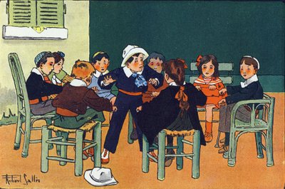 フェレットにE.ウェーバーの「What are we playing?「ロベール・サレス（1871-1929）の水彩画によるE.ウェーバーの作品。パリ、ガルニエ・フレール社 作： Robert Salles