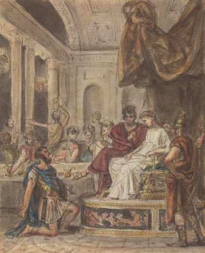 ローマの兵士が玉座に座っている女性像にひざまずく晩餐会のシーン 作： Robert Smirke