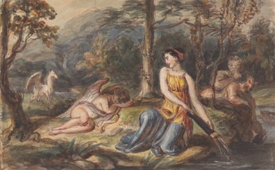 狩りの女神ダイアナとサテュロス、眠るキューピッド、森の中にいるペガサス 作： Robert Smirke