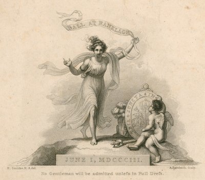 1803年6月1日、ロンドンのミルバンクにあるラネラグガーデンズでのボールへの招待 作： Robert Smirke