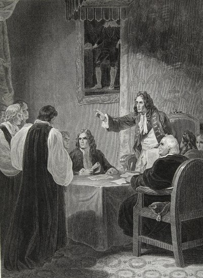 ジョージノーブルによって刻まれた枢密院の前の司教たち、1688年、デイビッドヒュームの「イングランドの歴史」のパブからのイラスト。 1812年ロンドン、R。ボウヤー 作： Robert Smirke
