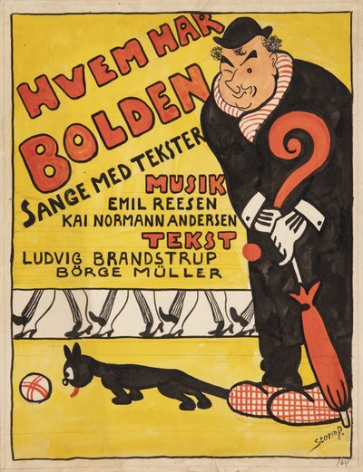 「Hvem har Bolden」のタイトル ページのレイアウト。 カール・アルストルプの似顔絵 作： Robert Storm Petersen