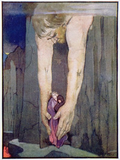 地獄の最後の円でバージルとダンテを倒すアンタイオス、1910年頃（カラーリソ） 作： Robert Traill Rose