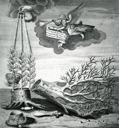 チャールズ1世とスチュアートの継承、1715年の実行に言及する象徴的な印刷 作： Robert Vaughan