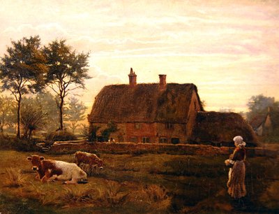 夕焼けの茅葺きコテージのそばで牛が放牧されています。 作： Robert Walker Macbeth