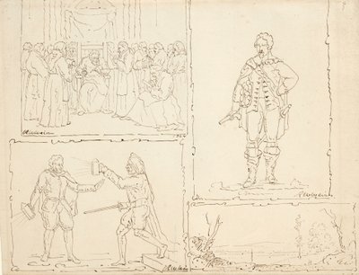 4つのスケッチ、1824年（バフレイド紙にペンと茶色のインク） 作： Robert Walter Weir
