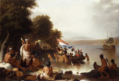 ヘンリーハドソンの着陸、1608年、バープランクポイント、ニューヨーク州ピークスキル近く 作： Robert Walter Weir