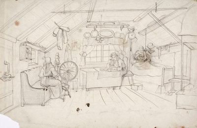 一人はベッドでコーヒーを飲み、一人はテーブルでおかゆを食べ、一人はライ麦のそばにいる。 作： Robert Wilhelm Ekman