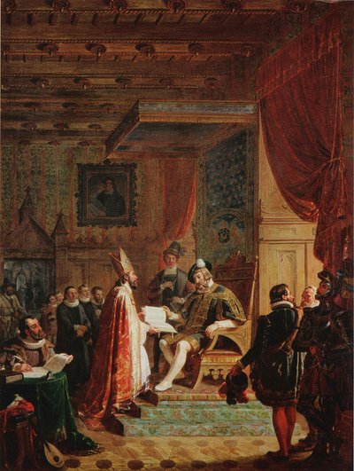 ミカエル・アグリコラ、新約聖書フィンランド語訳をグスタフ・ワサ王に手渡す 作： Robert Wilhelm Ekman