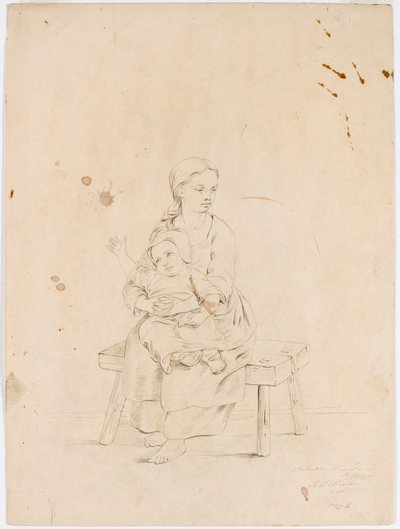小さな子供を抱いてベンチに座る若い女性 作： Robert Wilhelm Ekman
