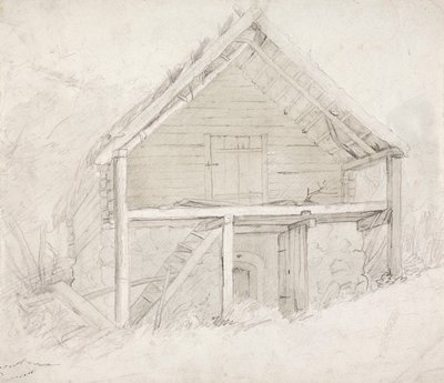 茅葺き屋根と石造りのドミトリーの端。 作： Robert Wilhelm Ekman