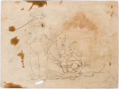 スモーランド地方の子供たち、膝に子供を乗せた女の子とその隣に立つ男の子 作： Robert Wilhelm Ekman