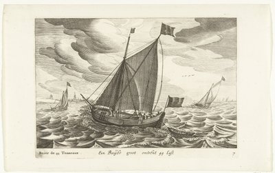 ボイエ Een Boeijer groot about 44 Last / Boïer de 44 Tonneaux (オブジェクトのタイトル) Hollandse scheepstypen、1627年（シリーズタイトル） 様々な船 Don ton se sert dans les Unies Provinces / 主に海域で使用される様々なオランダ船のアイコン 作： Robert de Baudous (possibly)