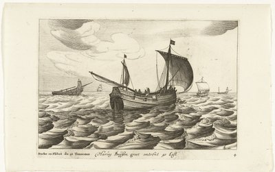 ヘリングブイゼン Haring Buyssen groot about 40 Last / Buche ou Flibot de 40 Tonneaux (オブジェクトのタイトル) Hollandse scheepstypen、1627年（シリーズタイトル） 様々な船 Don ton se sert dans les Unies Provinces / Icons of Various Dutch Ships which use 作： Robert de Baudous (possibly)