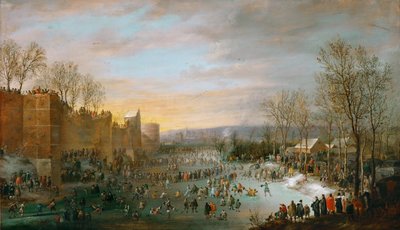 Patinage sur le Stadtgraben a Bruxelles ブリュッセルのシュタットグラーブンで行われたアイススケート - Robert Van den Hoecke (1622-1668).木に油彩 作： Robert van den Hoecke