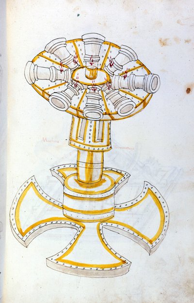 技術者ロベルト・ヴァルトゥリオ（1405-1483？）の「De re Militari」に掲載されている回転式大砲のイラスト。 作： Roberto Valturio