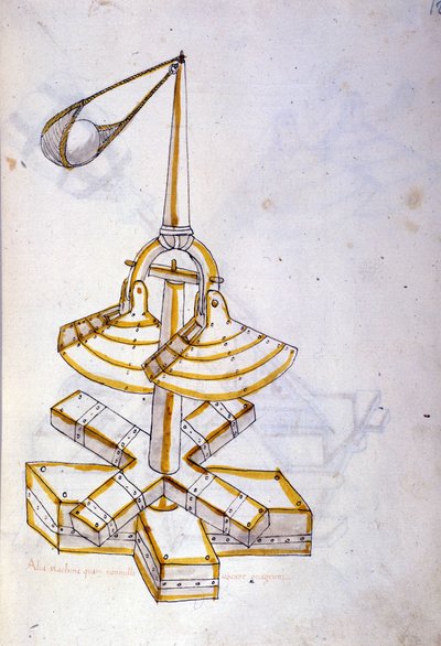 ロベルト・ヴァルトゥリオ（1405-1483？）の「De re Militari」に掲載されている回転式石投げ機のイラスト。 作： Roberto Valturio